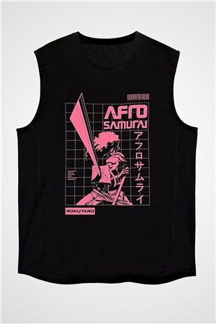 Afro Samurai Baskılı Unisex Siyah Kolsuz Tişört - Tshirt