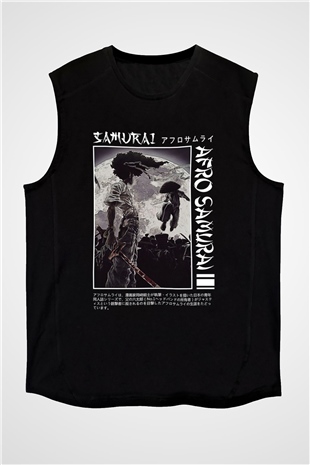 Afro Samurai Baskılı Unisex Siyah Kolsuz Tişört - Tshirt