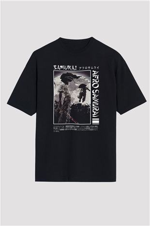 Afro Samurai Baskılı Unisex Siyah Oversize Tişört - Tshirt