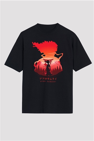 Afro Samurai Baskılı Unisex Siyah Oversize Tişört - Tshirt