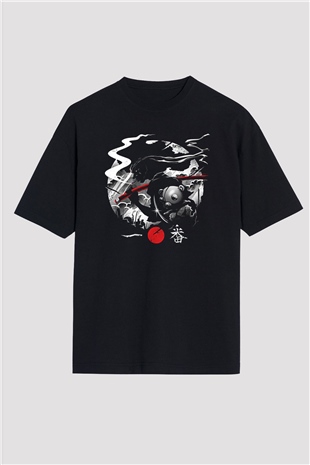 Afro Samurai Baskılı Unisex Siyah Oversize Tişört - Tshirt