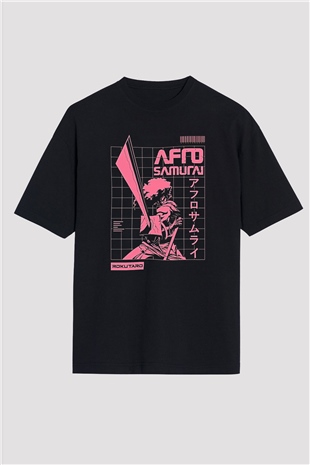 Afro Samurai Baskılı Unisex Siyah Oversize Tişört - Tshirt
