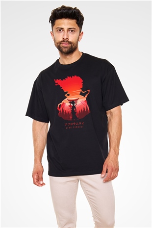 Afro Samurai Baskılı Unisex Siyah Oversize Tişört - Tshirt