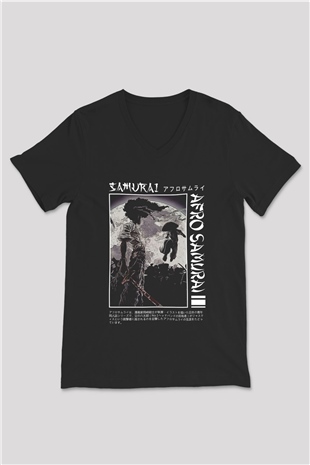 Afro Samurai Baskılı Unisex Siyah V Yaka Tişört - Tshirt