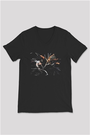 Afro Samurai Baskılı Unisex Siyah V Yaka Tişört - Tshirt