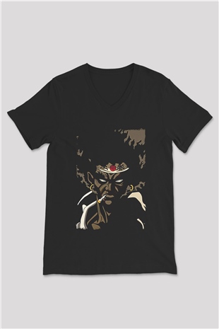 Afro Samurai Baskılı Unisex Siyah V Yaka Tişört - Tshirt