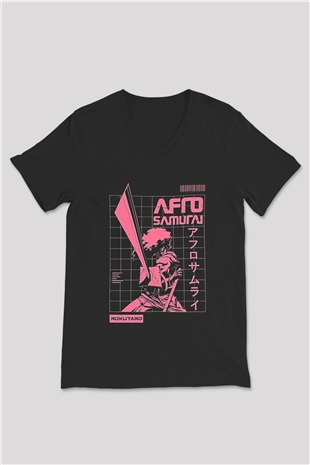 Afro Samurai Baskılı Unisex Siyah V Yaka Tişört - Tshirt