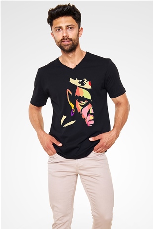 Afro Samurai Baskılı Unisex Siyah V Yaka Tişört - Tshirt