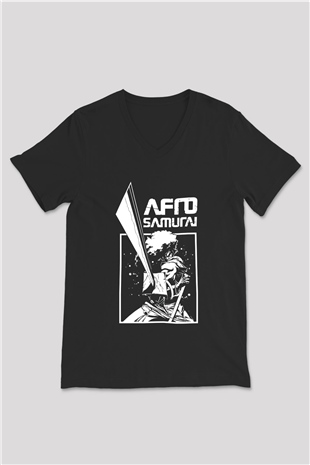 Afro Samurai Baskılı Unisex Siyah V Yaka Tişört - Tshirt
