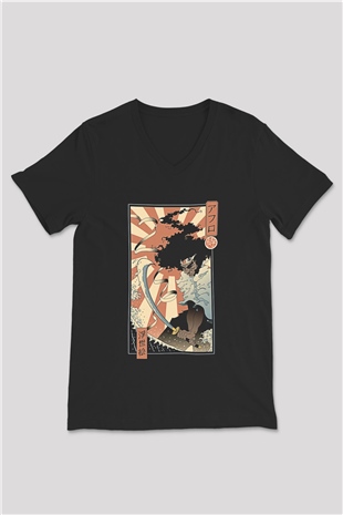 Afro Samurai Baskılı Unisex Siyah V Yaka Tişört - Tshirt