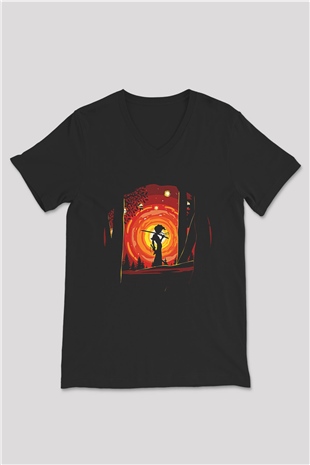 Afro Samurai Baskılı Unisex Siyah V Yaka Tişört - Tshirt