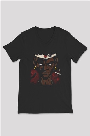Afro Samurai Baskılı Unisex Siyah V Yaka Tişört - Tshirt