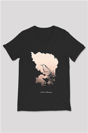 Afro Samurai Baskılı Unisex Siyah V Yaka Tişört - Tshirt
