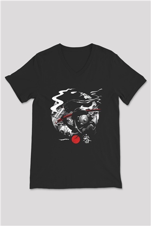 Afro Samurai Baskılı Unisex Siyah V Yaka Tişört - Tshirt