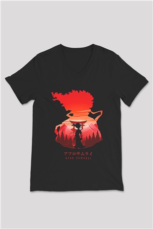 Afro Samurai Baskılı Unisex Siyah V Yaka Tişört - Tshirt