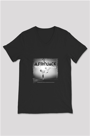 Afrojack Baskılı Unisex Siyah V Yaka Tişört
