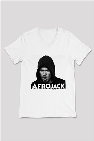 Afrojack Beyaz Unisex V Yaka Tişört