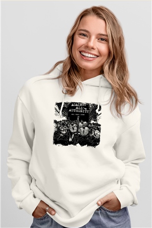 Against All Authority Baskılı Unisex Beyaz Hoodie