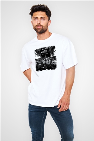 Against All Authority Baskılı Unisex Beyaz Oversize Tişört