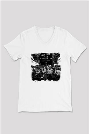 Against All Authority Baskılı Unisex Beyaz V Yaka Tişört