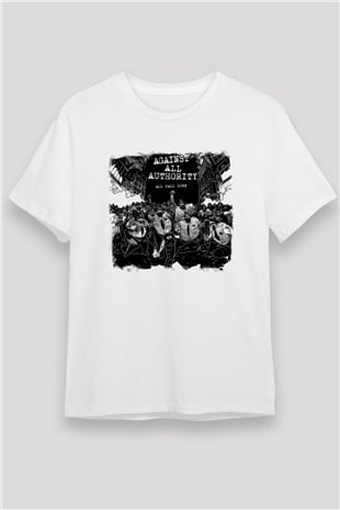 Against All Authority Baskılı Unisex Beyaz Tişört