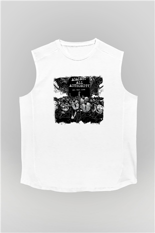 Against All Authority Baskılı Unisex Beyaz Kolsuz Tişört