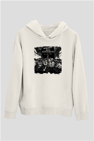 Against All Authority Baskılı Unisex Beyaz Hoodie
