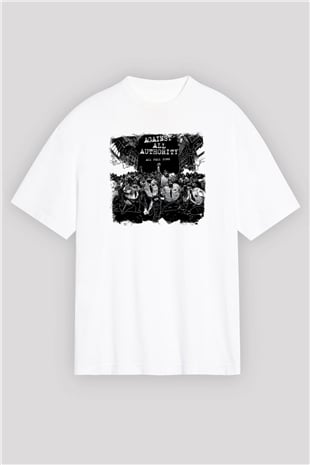 Against All Authority Baskılı Unisex Beyaz Oversize Tişört