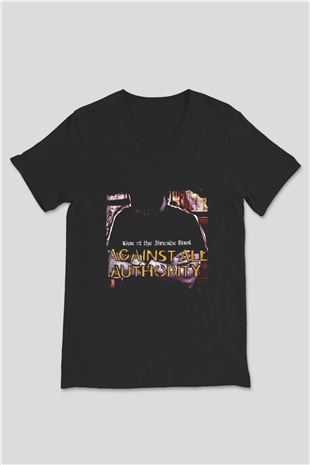 Against All Authority Baskılı Unisex Siyah V Yaka Tişört