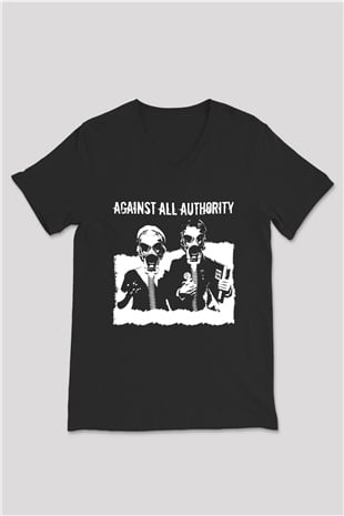 Against All Authority Siyah Unisex V Yaka Tişört