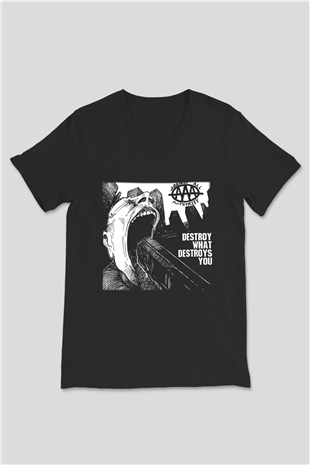 Against All Authority Siyah Unisex V Yaka Tişört T-Shirt