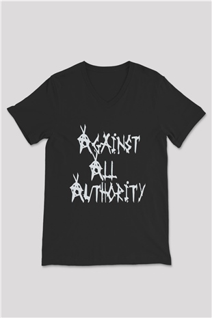 Against All Authority Siyah Unisex V Yaka Tişört