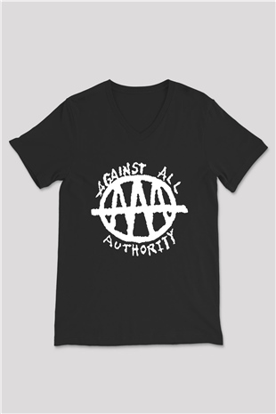 Against All Authority Siyah Unisex V Yaka Tişört T-Shirt