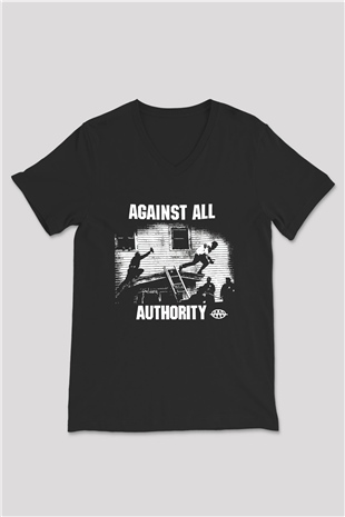 Against All Authority Siyah Unisex V Yaka Tişört T-Shirt
