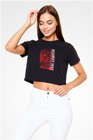 Against Me Baskılı Unisex Siyah Crop Top Tişört