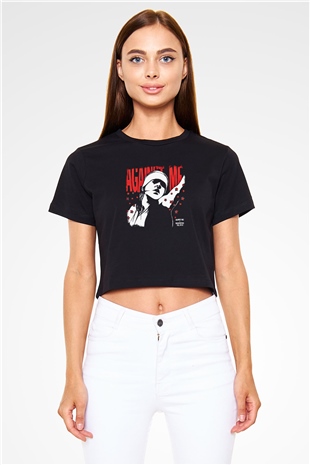 Against Me Baskılı Unisex Siyah Crop Top Tişört