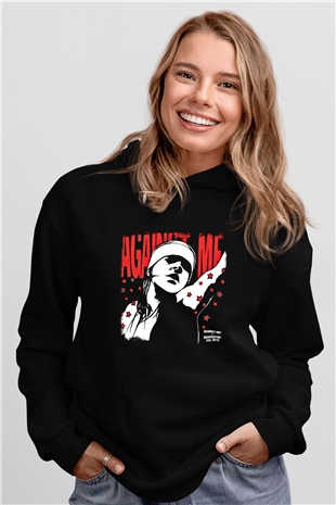 Against Me Baskılı Unisex Siyah Hoodie