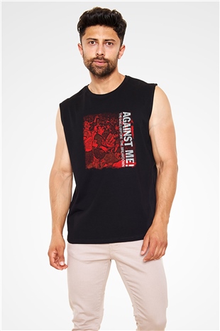Against Me Baskılı Unisex Siyah Kolsuz Tişört