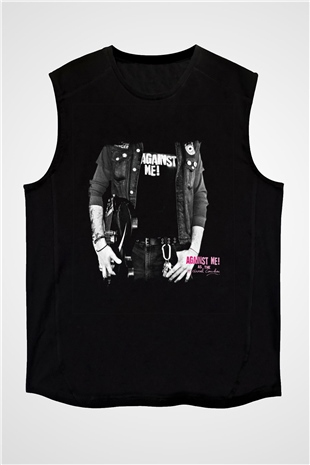 Against Me Baskılı Unisex Siyah Kolsuz Tişört