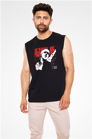 Against Me Baskılı Unisex Siyah Kolsuz Tişört