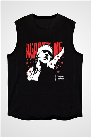 Against Me Baskılı Unisex Siyah Kolsuz Tişört