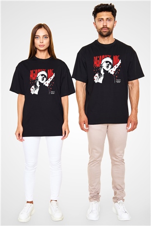 Against Me Baskılı Unisex Siyah Oversize Tişört