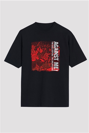 Against Me Baskılı Unisex Siyah Oversize Tişört