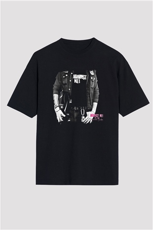 Against Me Baskılı Unisex Siyah Oversize Tişört