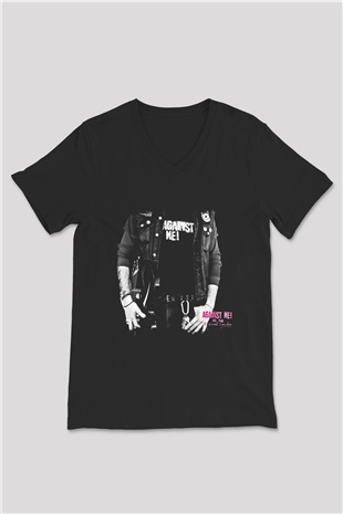 Against Me Baskılı Unisex Siyah V Yaka Tişört