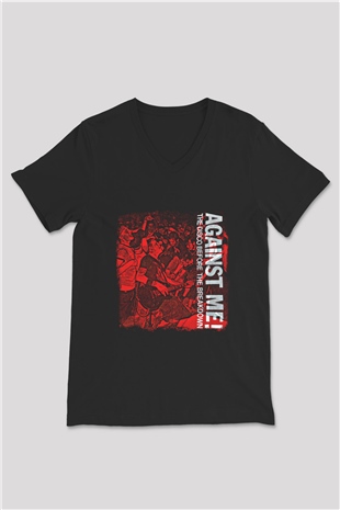 Against Me Baskılı Unisex Siyah V Yaka Tişört