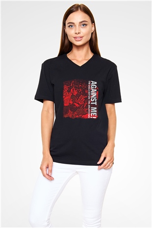 Against Me Baskılı Unisex Siyah V Yaka Tişört