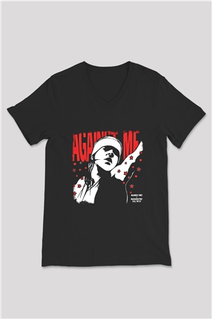 Against Me Baskılı Unisex Siyah V Yaka Tişört