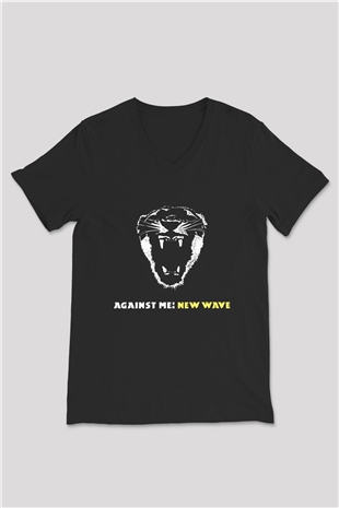 Against Me Baskılı Unisex Siyah V Yaka Tişört