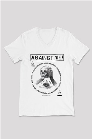 Against Me Beyaz Unisex V Yaka Tişört T-Shirt